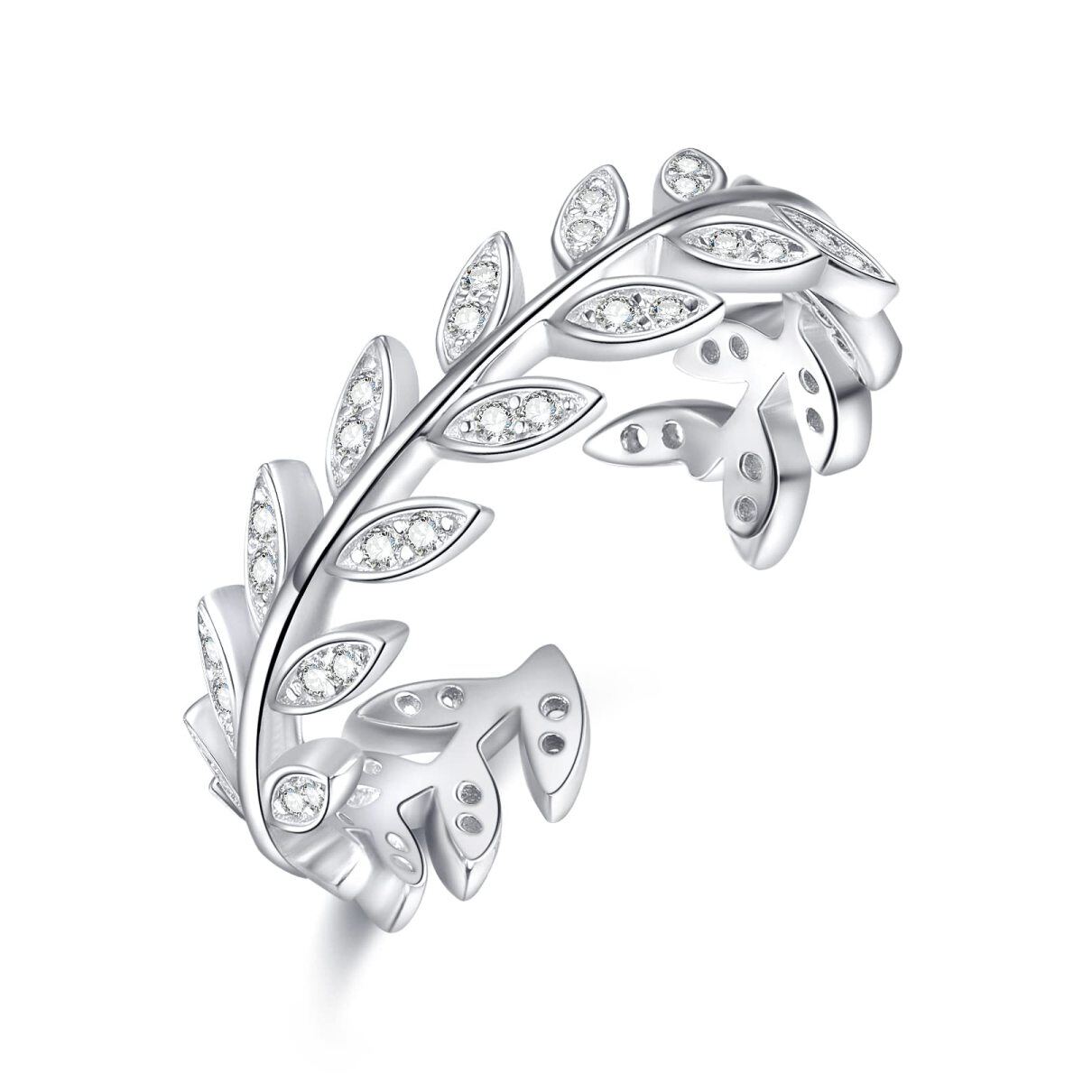 Sterling Silver Zircon Leaves & Olive Branch Open Ring-1