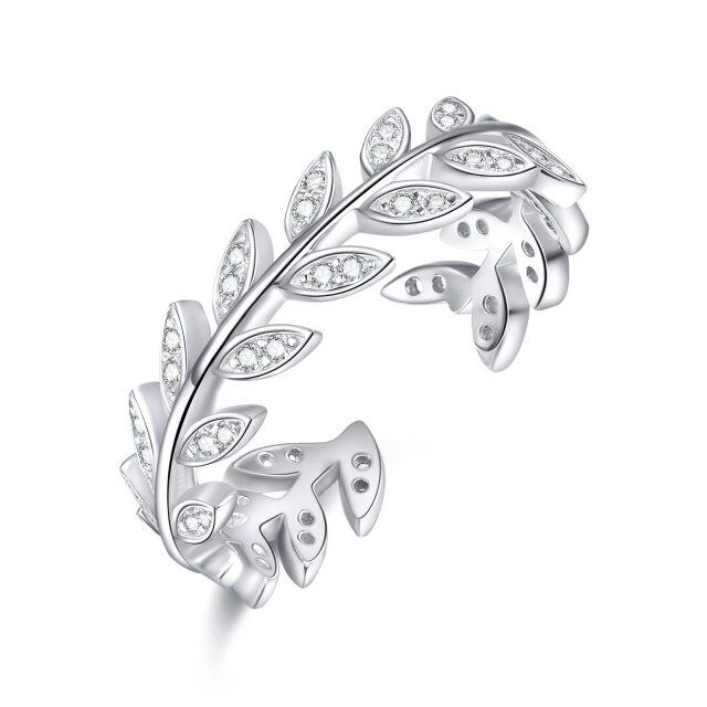 Sterling Silver Zircon Leaves & Olive Branch Open Ring-0
