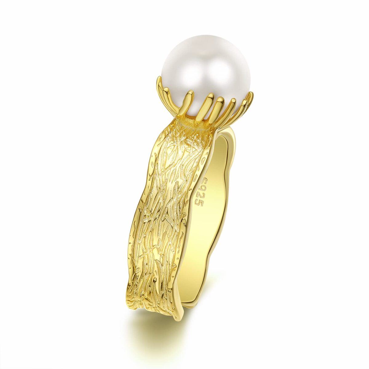 Sterling Silver with Yellow Gold Plated Pearl Bead Open Ring-1