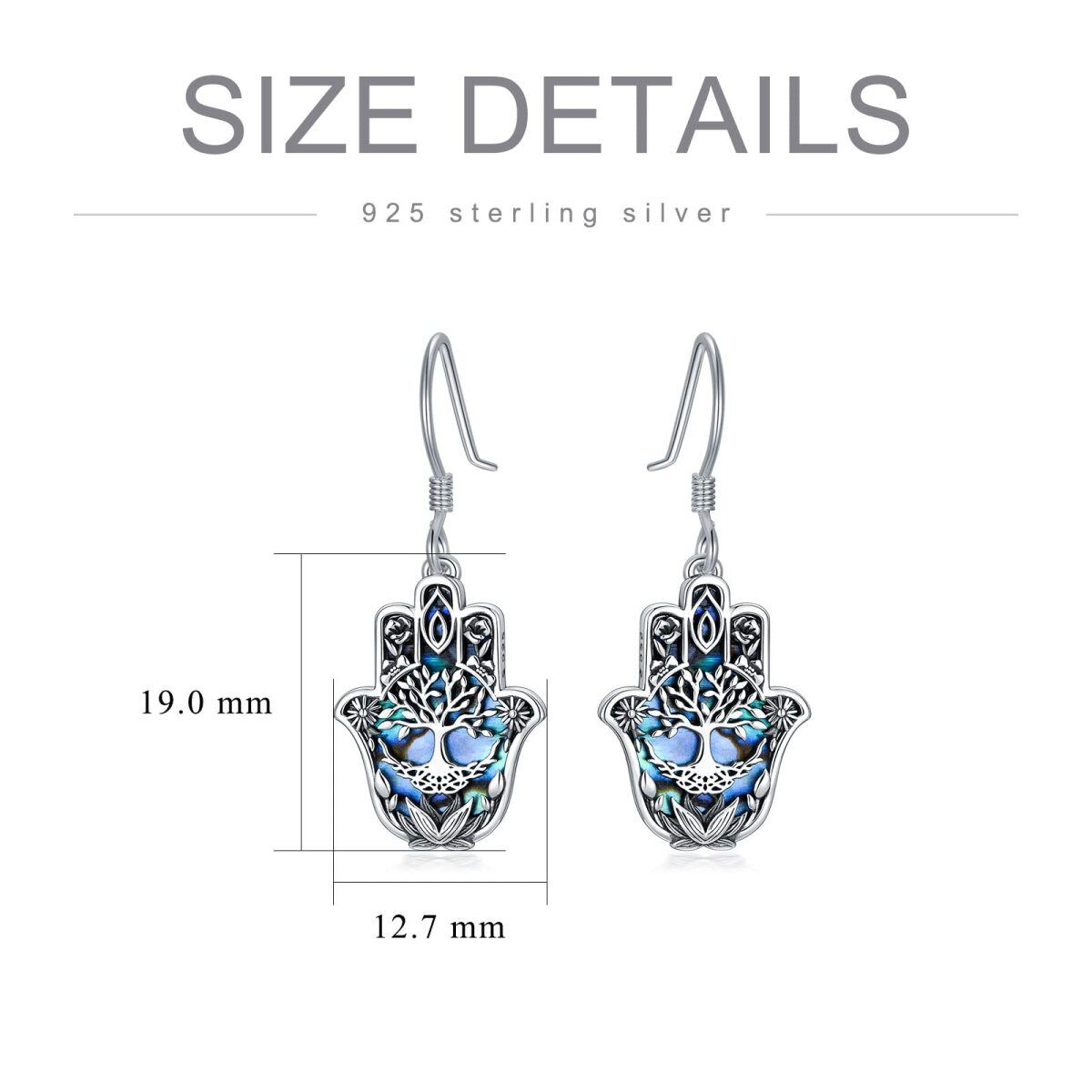 Boucles d'oreilles argent Abalone Shellfish Tree Of Life & Hamsa Hand Drop Earrings-5