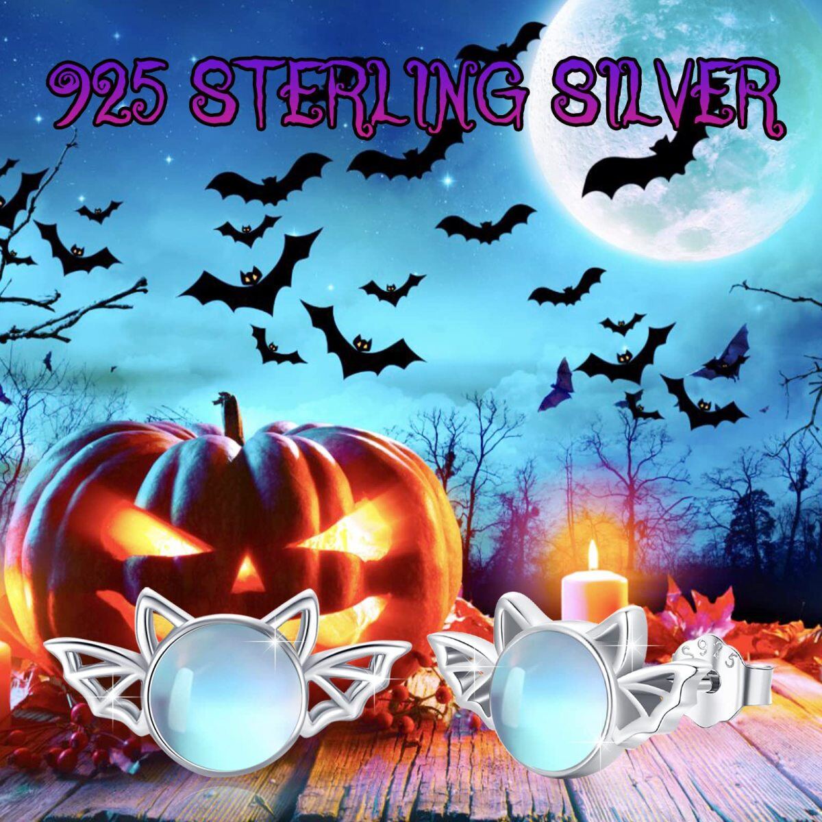 Sterling Silver Round Moonstone Bat Stud Earrings-5