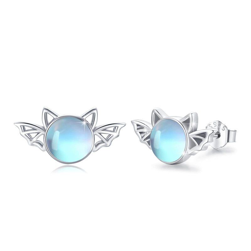 Sterling Silver Round Moonstone Bat Stud Earrings