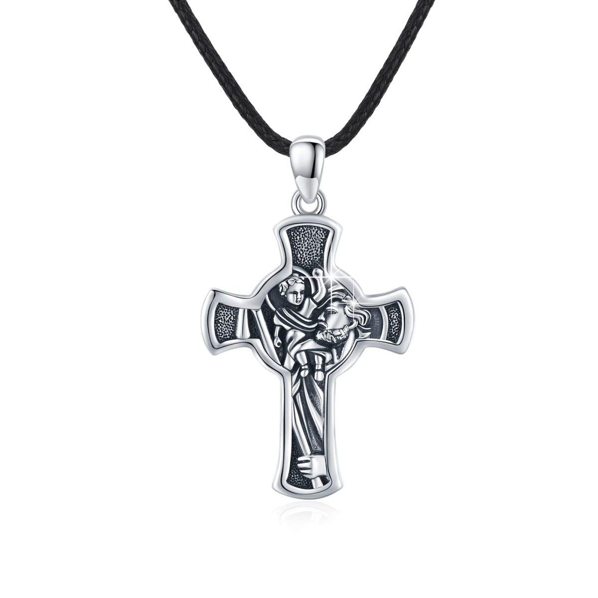 Sterling Silver Saint Christopher Cross Pendant Necklace with Engraved Word for Men-1