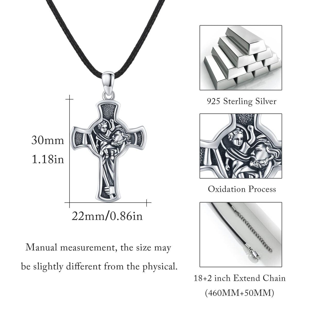 Sterling Silver Saint Christopher Cross Pendant Necklace with Engraved Word for Men-5