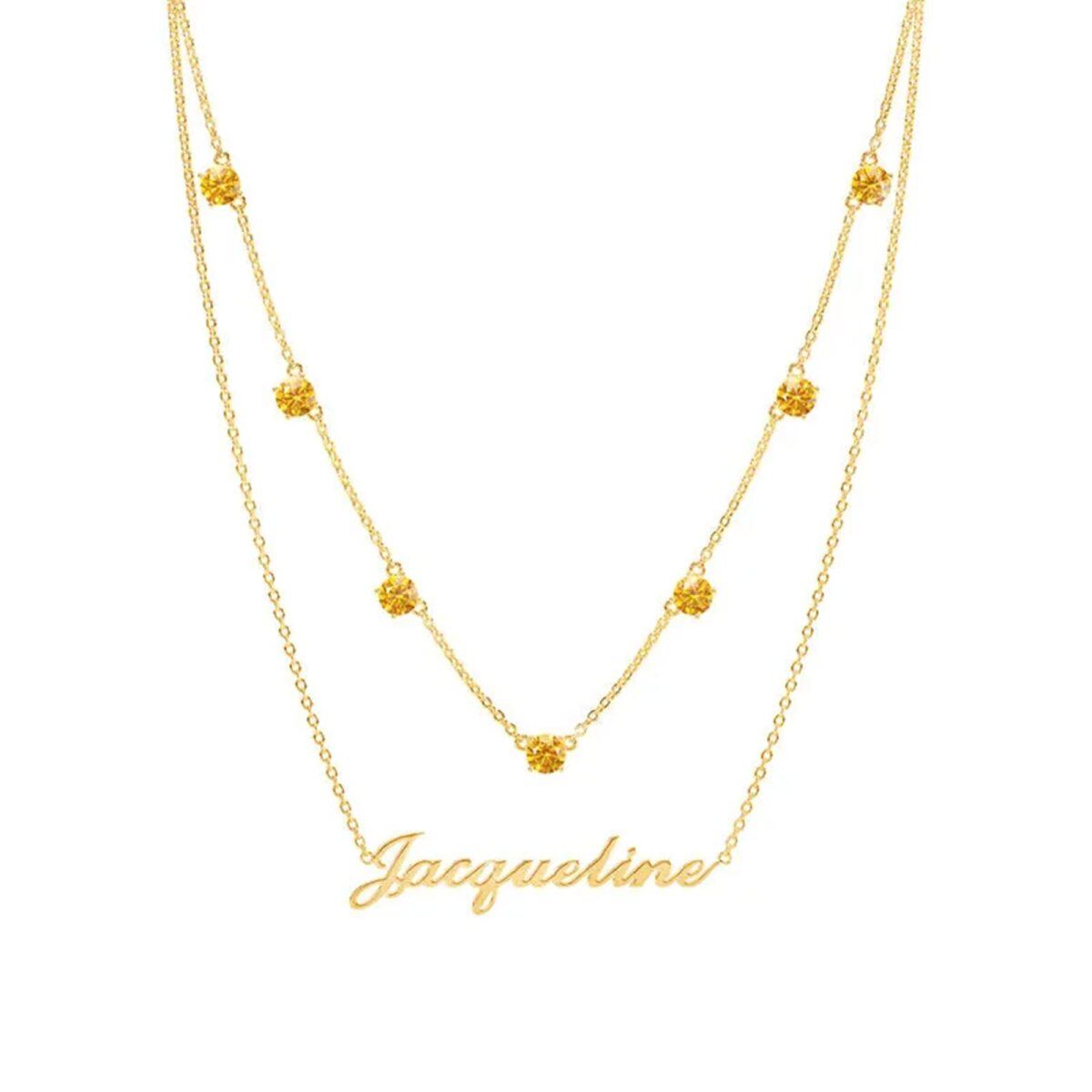 10K Gold Round Cubic Zirconia Personalized Birthstone & Personalized Classic Name Layered Necklace-1