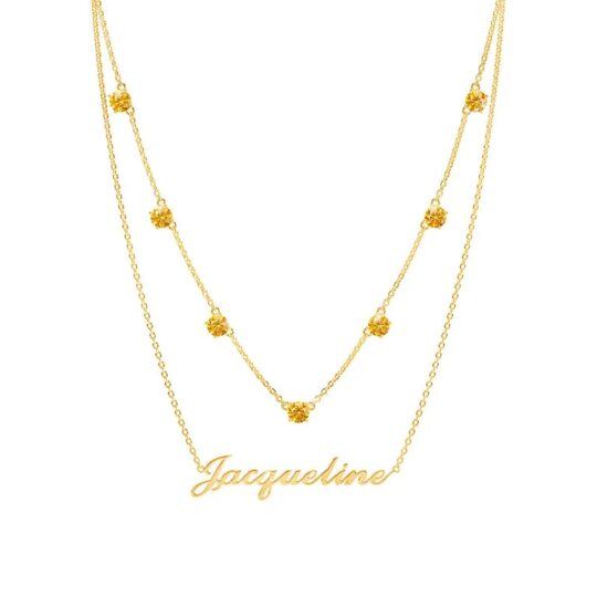 10K Gold Round Cubic Zirconia Personalized Birthstone & Personalized Classic Name Layered Necklace