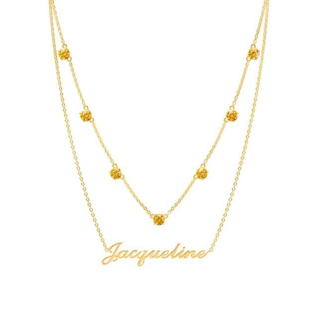 Collier superposé en or 10 carats avec pierre de naissance personnalisée en zircone cubique ronde avec nom classique personnalisé-0