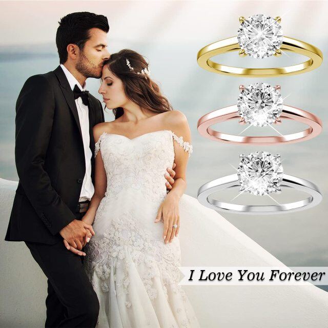 Sterling Silver with Yellow Gold Plated Circular Shaped Moissanite Personalized Engraving & Round Engagement Ring-1