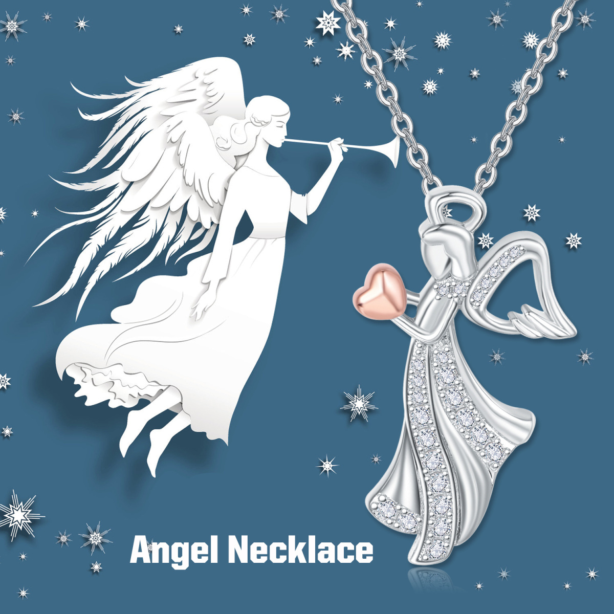 Sterling Silver Two-tone Circular Shaped Cubic Zirconia Angel & Heart Pendant Necklace-6