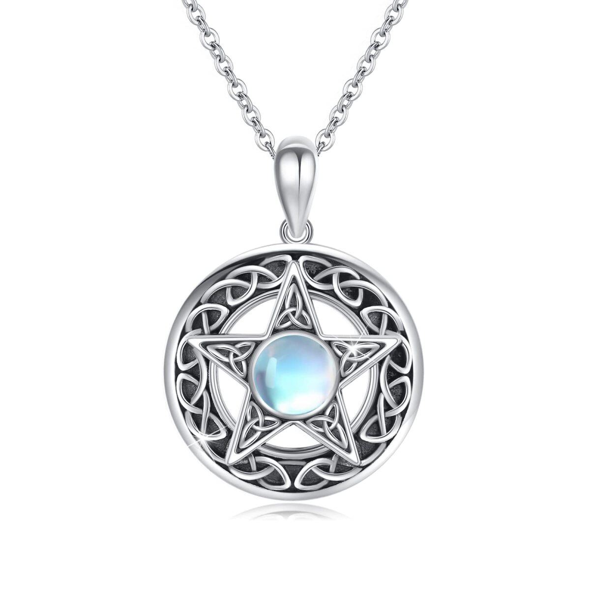 Sterling Silber kreisförmig Mondstein Pentagramm Anhänger Halskette-1