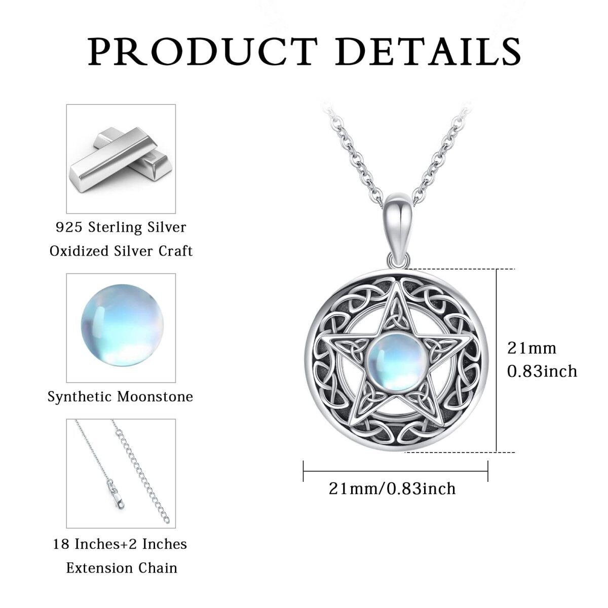 Sterling Silver Circular Shaped Moonstone Pentagram Pendant Necklace-6