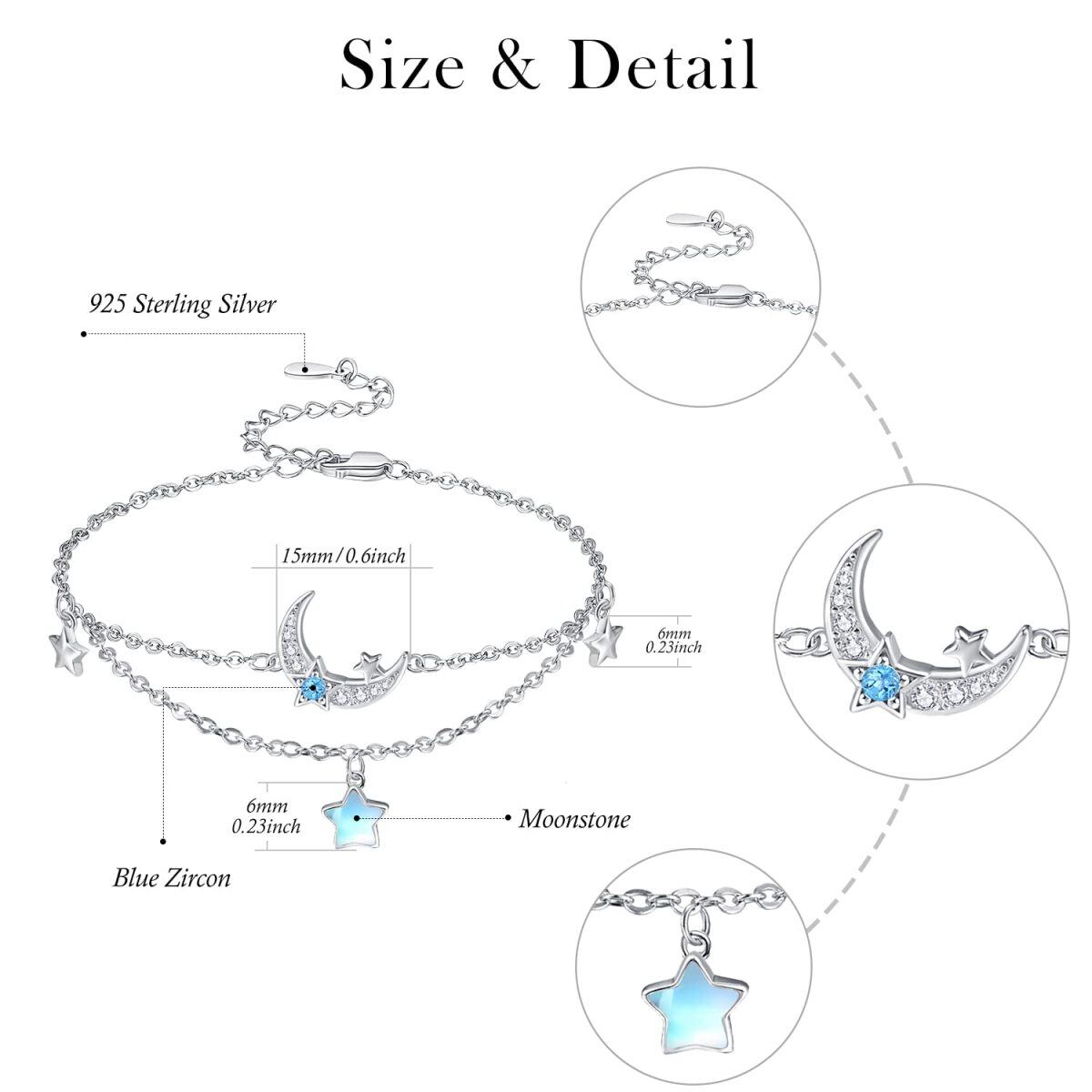 Sterling Silver Moonstone Moon & Star Layerered Bracelet-6