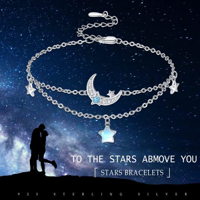 Sterling Silver Moonstone Moon & Star Layerered Bracelet-3