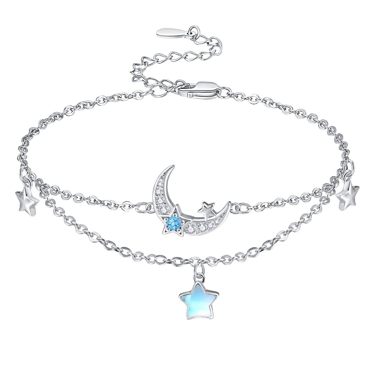 Sterling Silver Moonstone Moon & Star Layerered Bracelet-1
