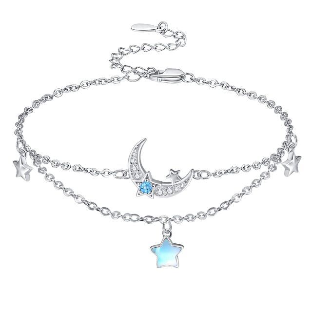 Sterling Silver Moonstone Moon & Star Layerered Bracelet-4