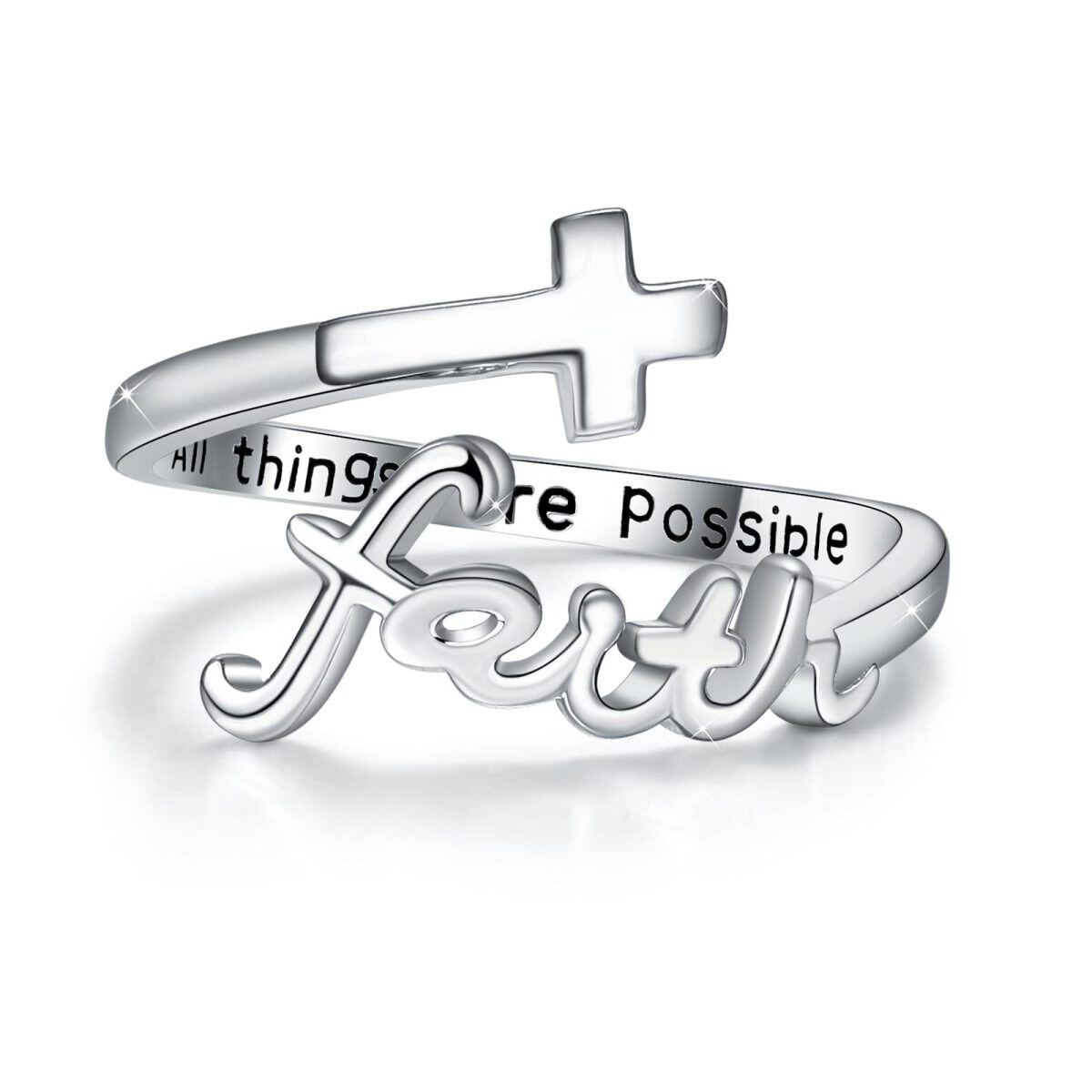 Sterling Silver Cross Open Ring with Engraved Word-1