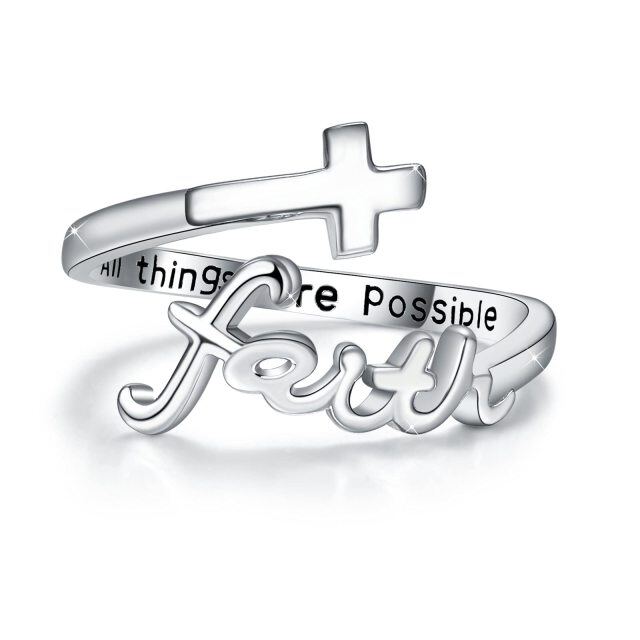 Sterling Silver Cross Open Ring with Engraved Word-0