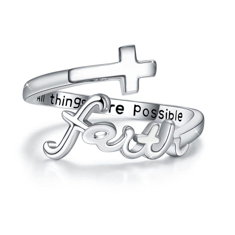 Sterling Silver Cross Open Ring with Engraved Word