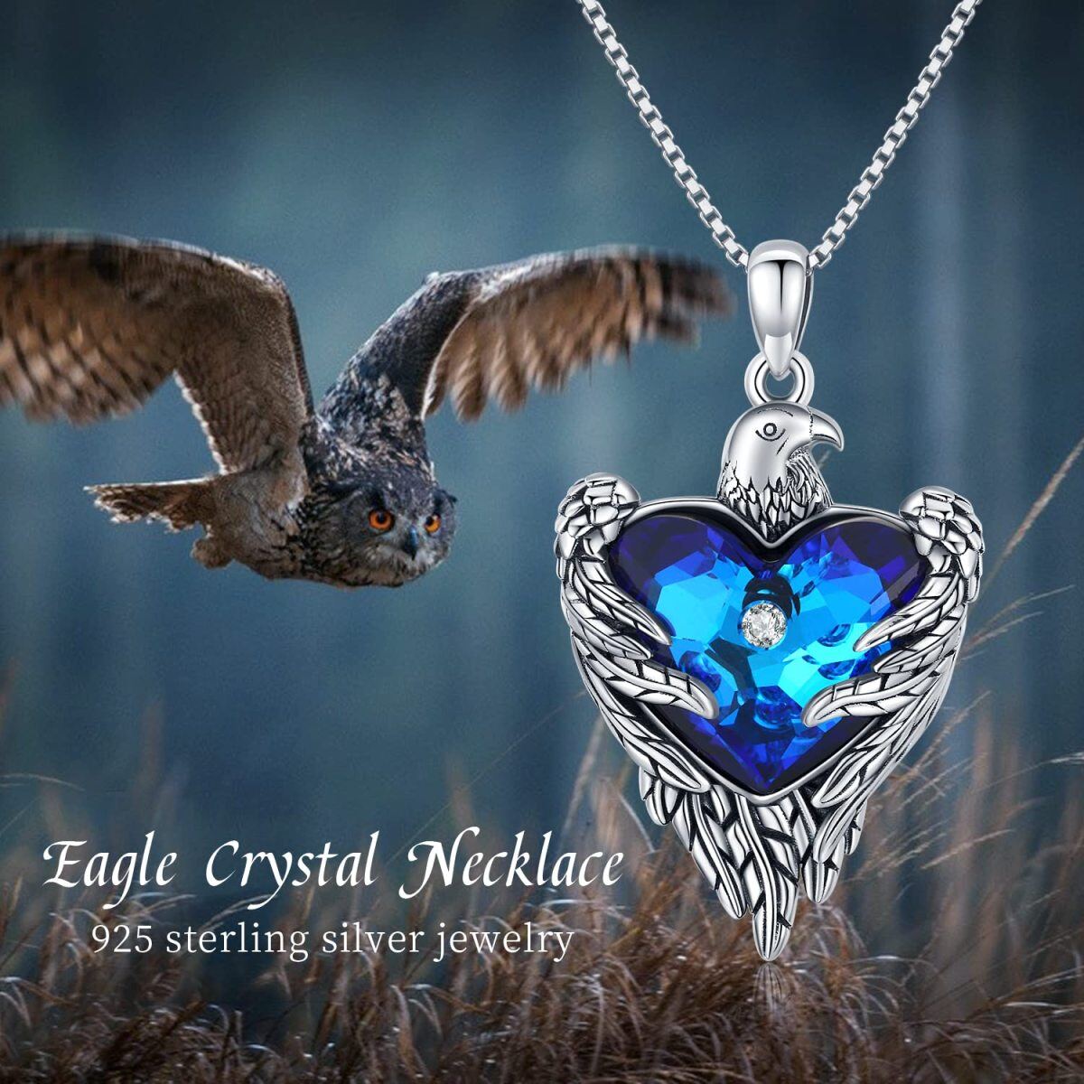 Sterling Silver Heart Shaped Crystal Eagle & Heart Pendant Necklace-7