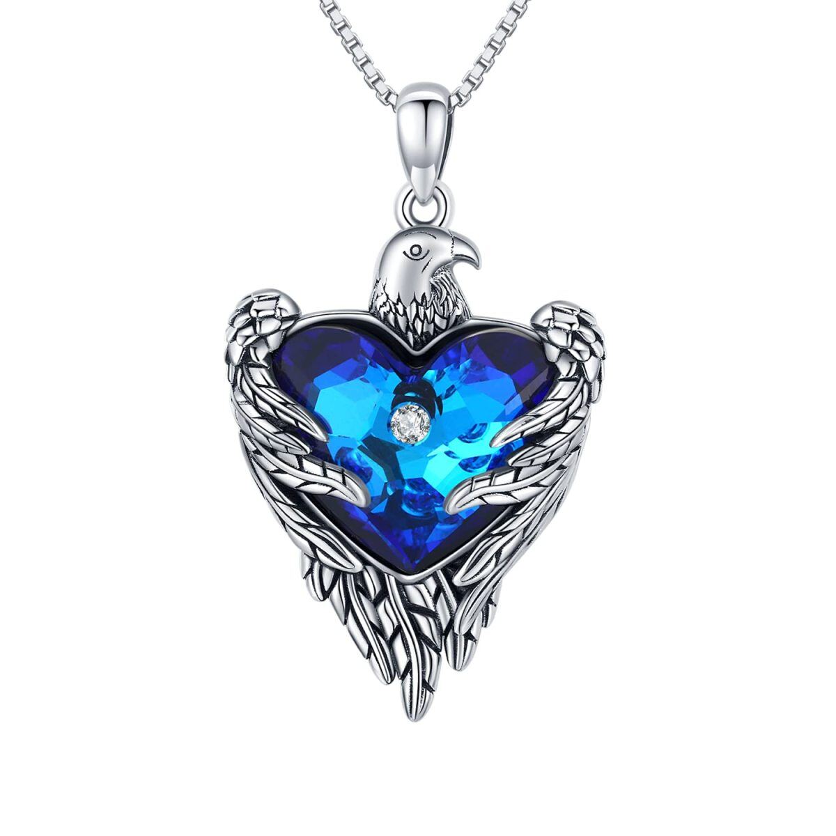 Sterling Silver Heart Shaped Crystal Eagle & Heart Pendant Necklace-1