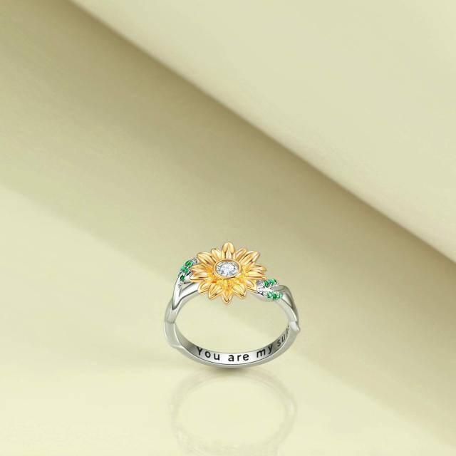 Sterling Silver Two-tone Round Zircon Sunflower Ring-2