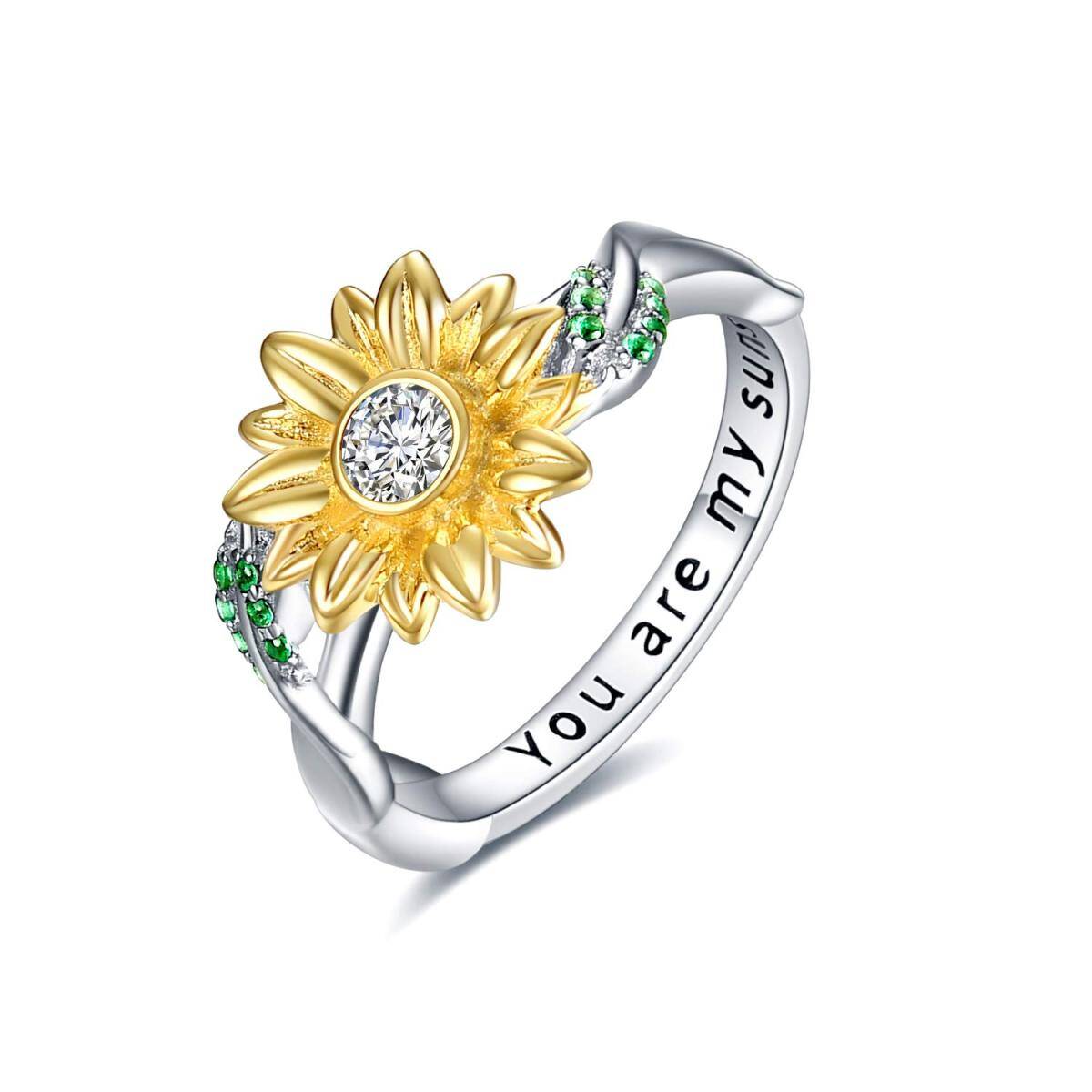 Sterling Silver Two-tone Round Zircon Sunflower Ring-1