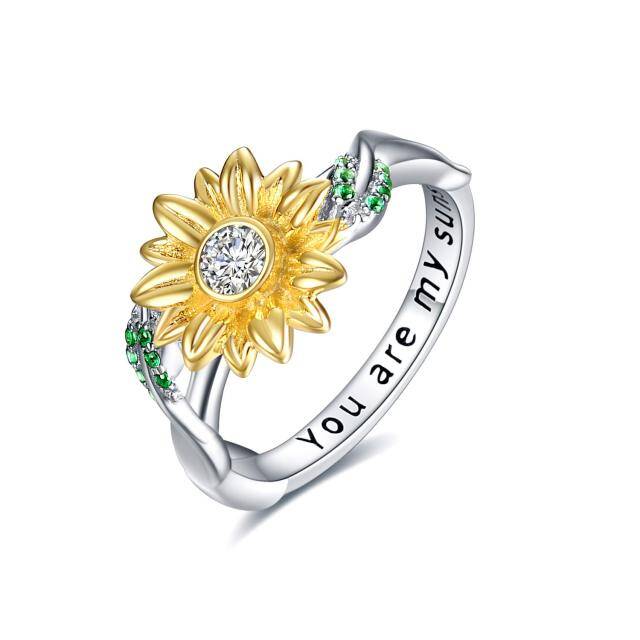 Sterling Silver Two-tone Round Zircon Sunflower Ring-0
