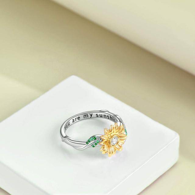 Sterling Silver Two-tone Round Zircon Sunflower Ring-3