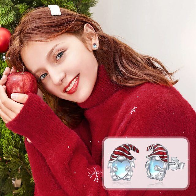 Sterling Silver Heart Shaped Moonstone Santa Hat Stud Earrings-2