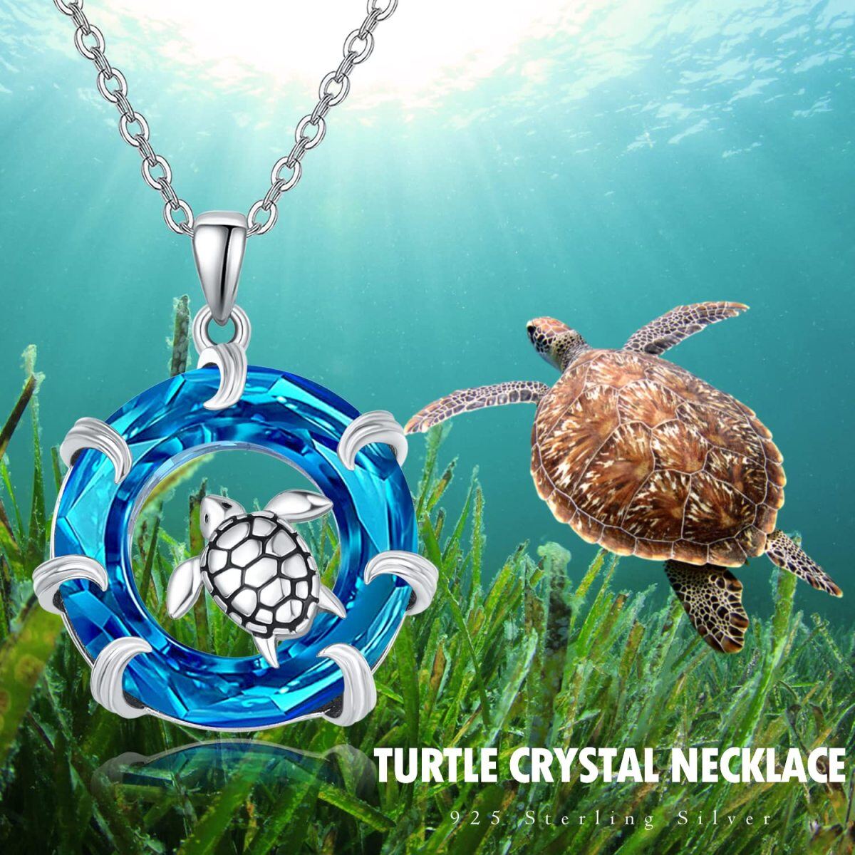 Sterling Silver Circular Shaped Sea Turtle Crystal Pendant Necklace-5