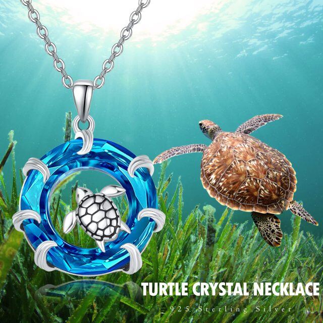 Sterling Silver Circular Shaped Sea Turtle Crystal Pendant Necklace-4
