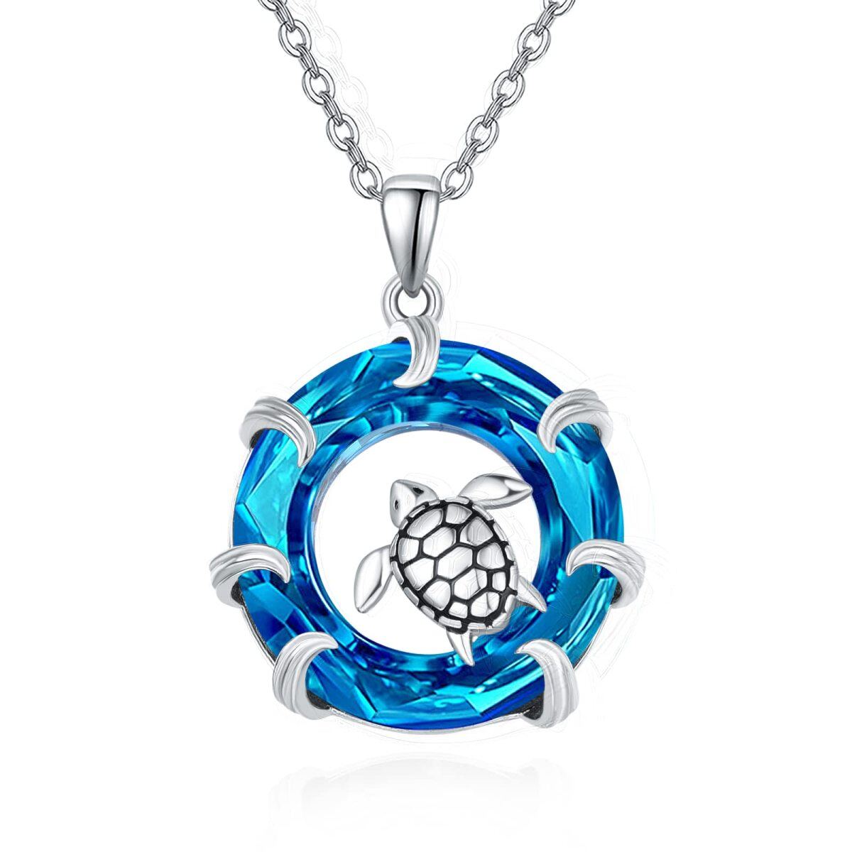 Sterling Silver Circular Shaped Sea Turtle Crystal Pendant Necklace-1