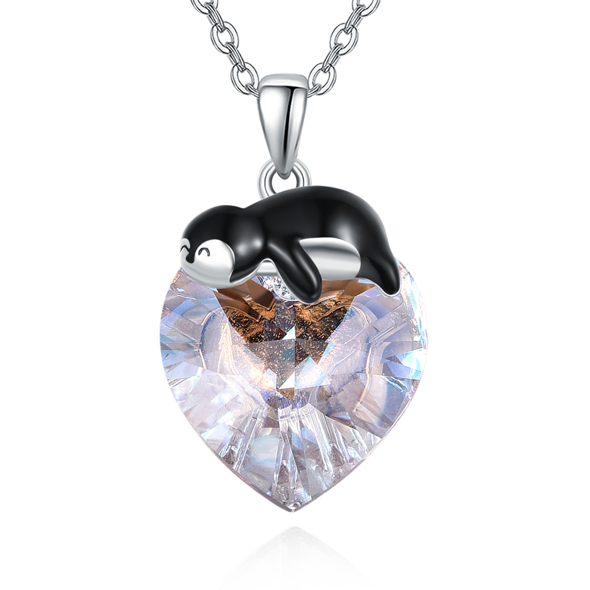 Sterling Silver Penguin & Heart Crystal Pendant Necklace-1