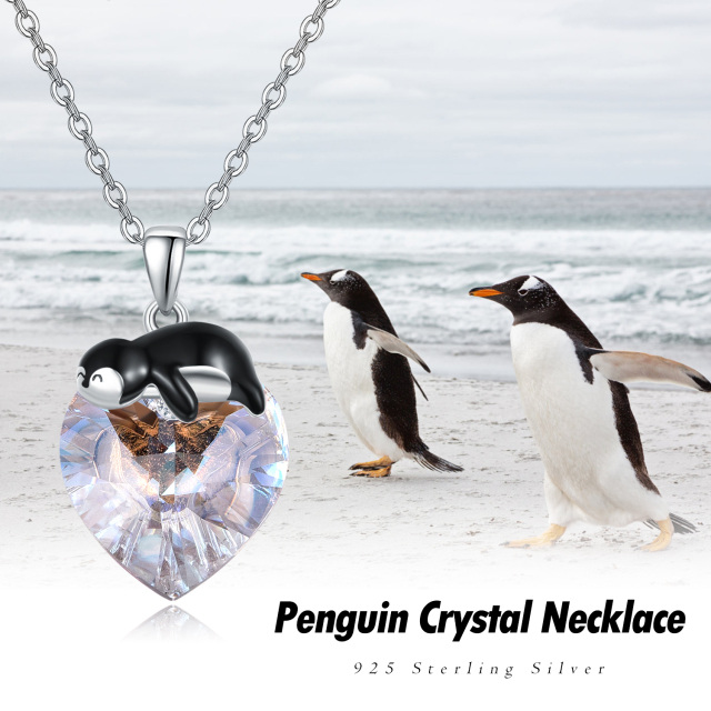 Sterling Silver Penguin & Heart Crystal Pendant Necklace-5