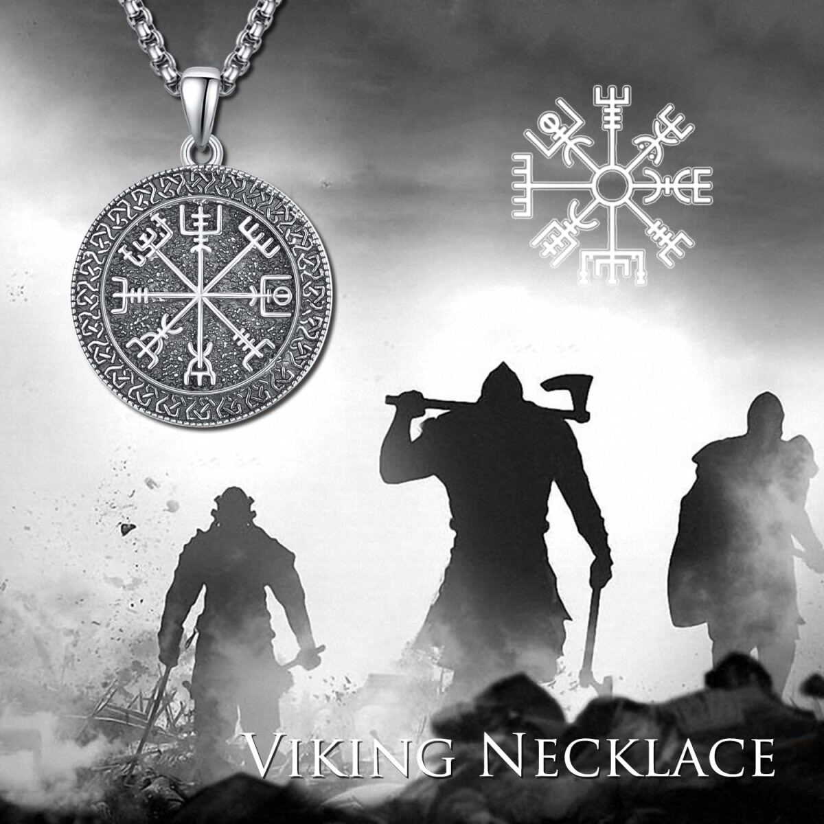 Sterling Silver Viking Rune Coin Pendant Necklace-5