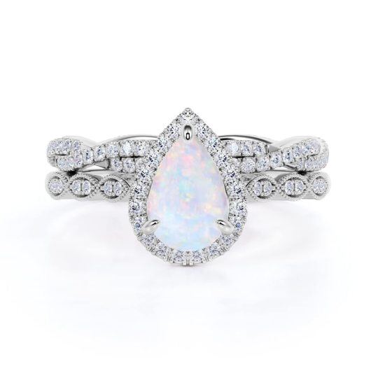Sterling Silber Moissanit Tropfenform Blauer Opal Personalisierte Gravur Verlobungsring