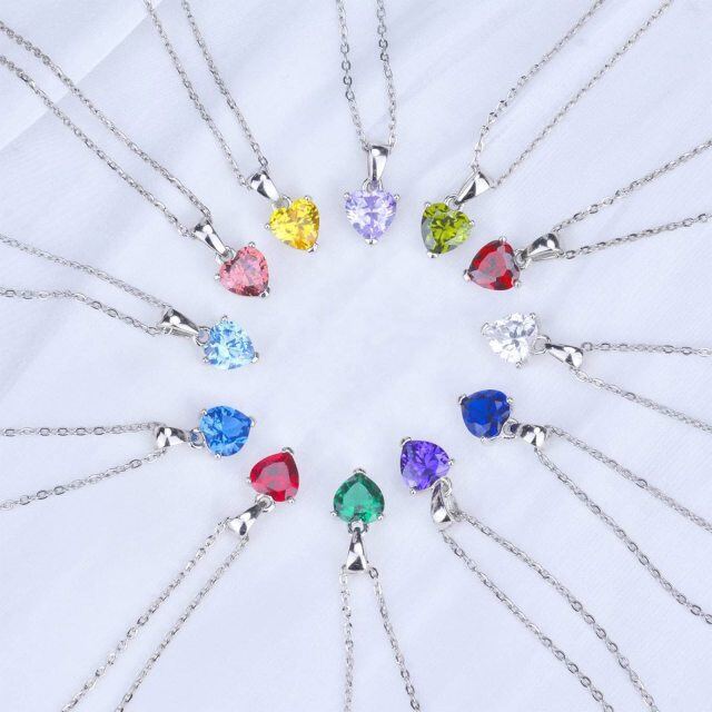 10K White Gold Heart Shaped Cubic Zirconia Personalized Birthstone Pendant Necklace-2