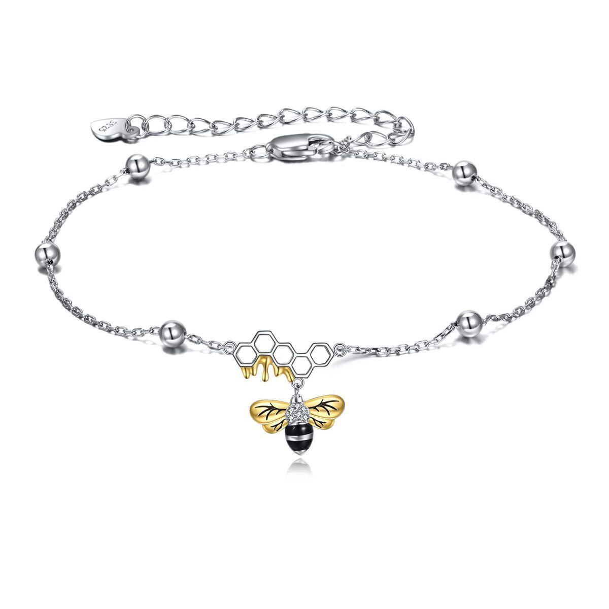 Sterling Silver Two-tone Cubic Zirconia Bee Single Layer Anklet-1