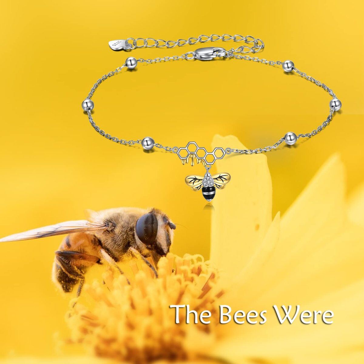 Sterling Silver Two-tone Cubic Zirconia Bee Single Layer Anklet-6