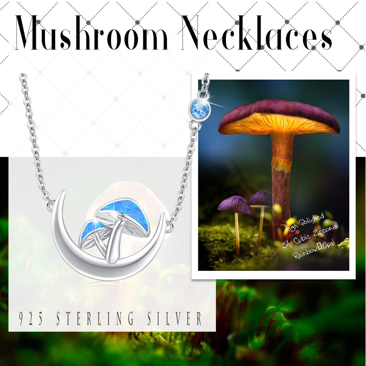Sterling Silver Opal Mushroom & Moon Pendant Necklace-6