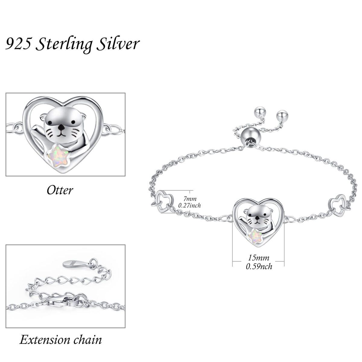 Sterling Silver Heart Shaped Opal Sea Otter & Heart Pendant Bracelet-6