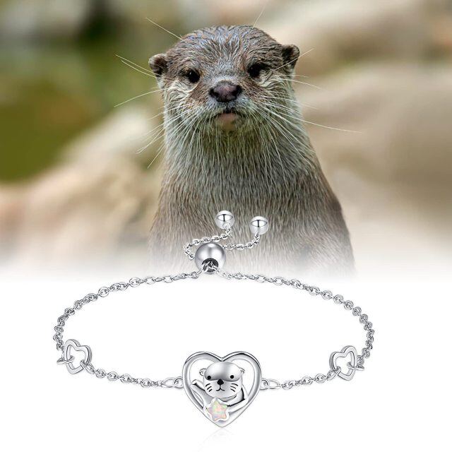 Sterling Silver Heart Shaped Opal Sea Otter & Heart Pendant Bracelet-5