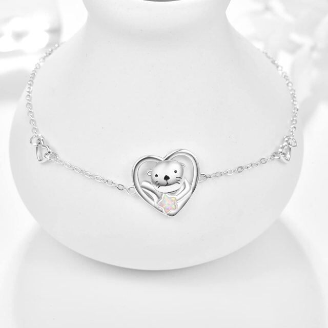 Sterling Silver Heart Shaped Opal Sea Otter & Heart Pendant Bracelet-4