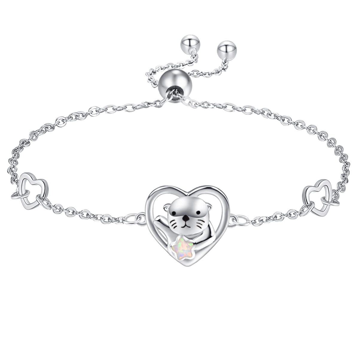 Sterling Silver Heart Shaped Opal Sea Otter & Heart Pendant Bracelet-1