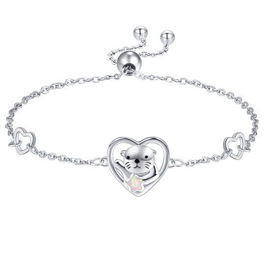 Sterling Silver Heart Shaped Opal Sea Otter & Heart Pendant Bracelet