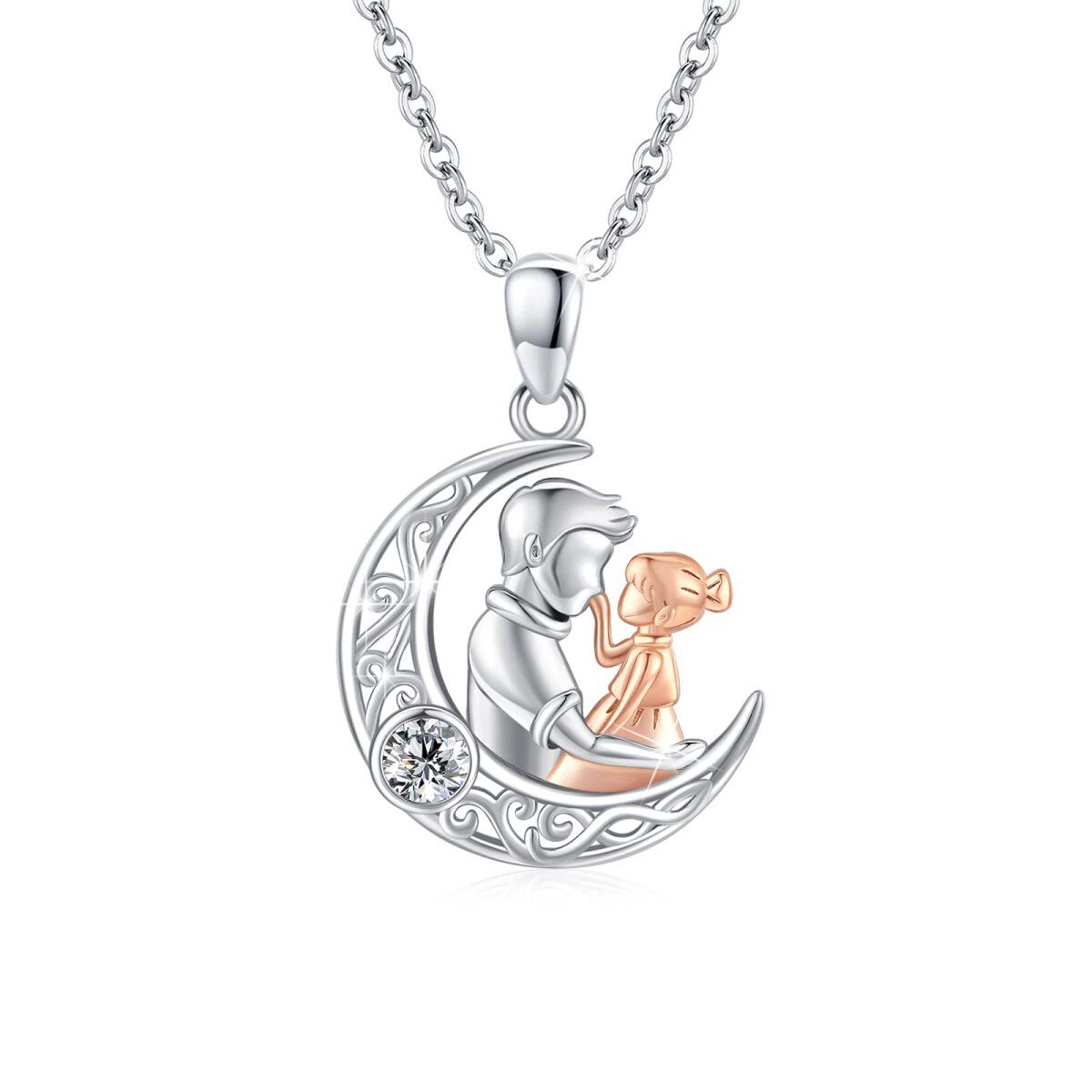 Sterling Silver Two-tone Circular Shaped Cubic Zirconia Father & Daughter Celtic Knot & Moon Pendant Necklace-1