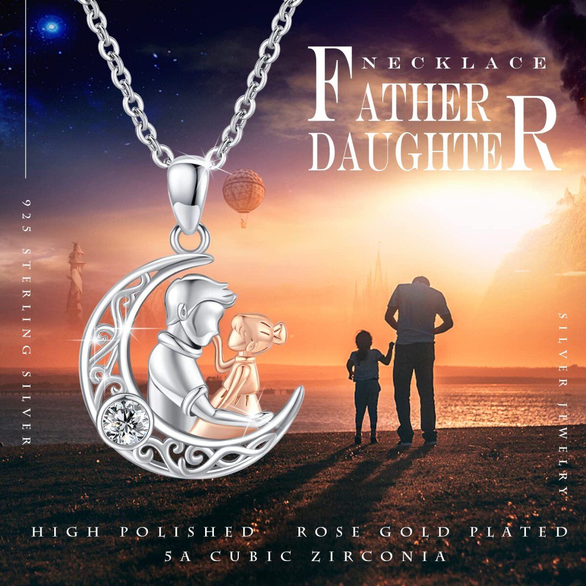 Sterling Silver Two-tone Circular Shaped Cubic Zirconia Father & Daughter Celtic Knot & Moon Pendant Necklace-5