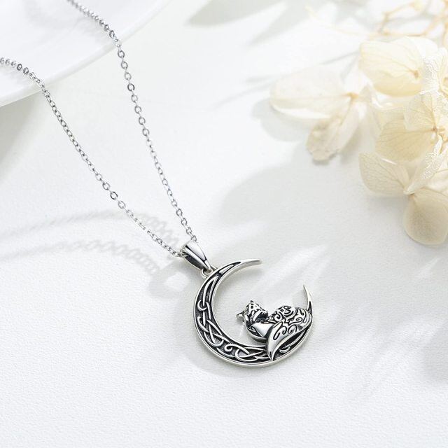 Sterling Silver Fox & Celtic Knot & Moon Pendant Necklace-4