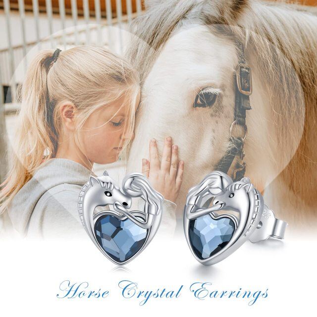 Sterling Silver Heart Shaped Crystal Horse & Heart Stud Earrings-4