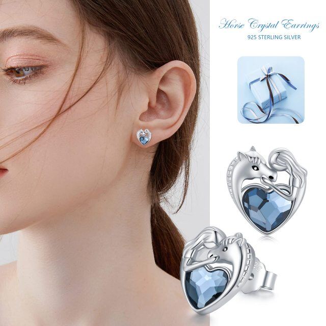 Sterling Silver Heart Shaped Crystal Horse & Heart Stud Earrings-3